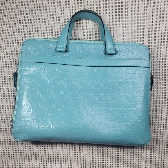 Salvatore Ferragamo Handbags - Salvatore Ferragamo Gancini Laptop Bag Womens‎ Large Turquoise Leather Embossed